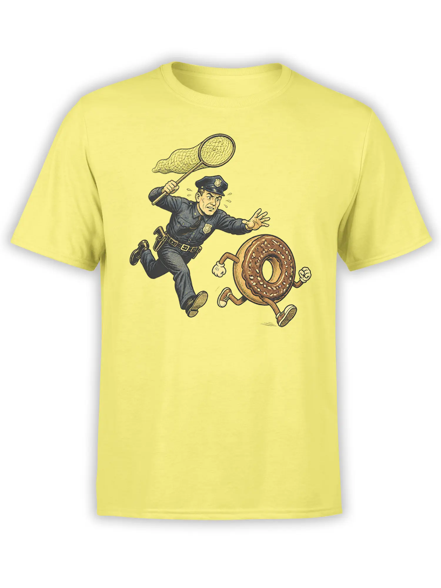Yellow T-shirt with a vintage police officer chasing a running pretzel with a large net