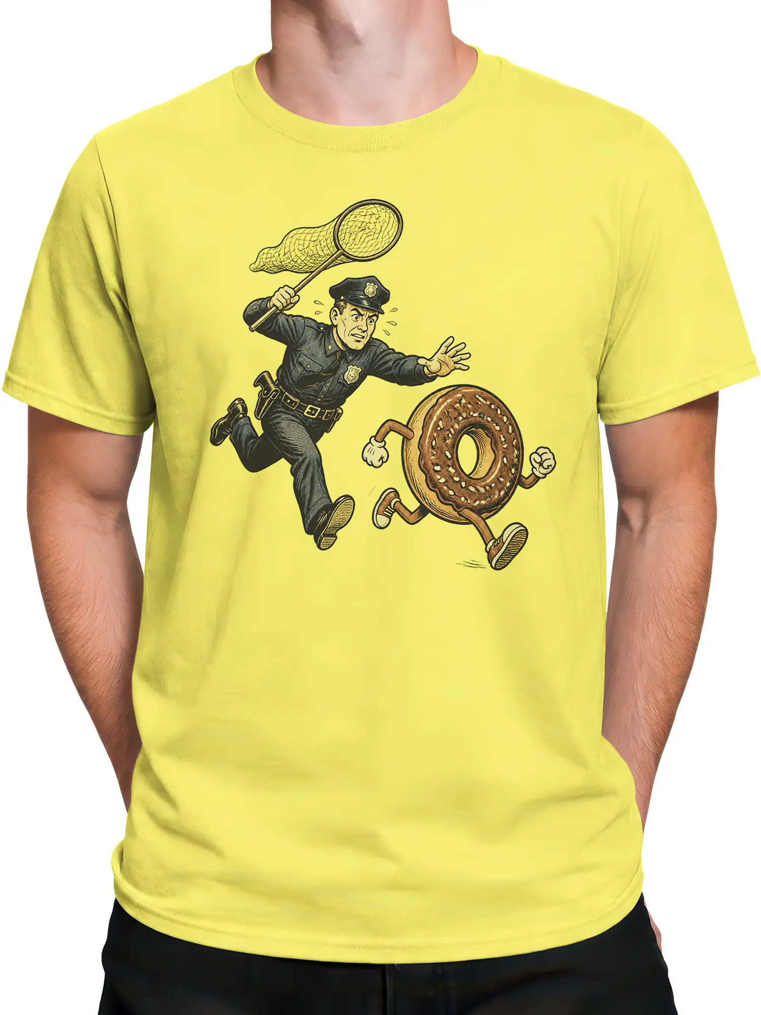 Male torso wearing a yellow T-shirt with a funny police and pretzel chase design