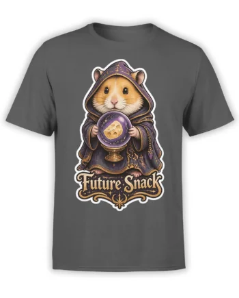 mystical golden-brown rodent in a purple robe holding a crystal ball on a gray Future Snack T-shirt