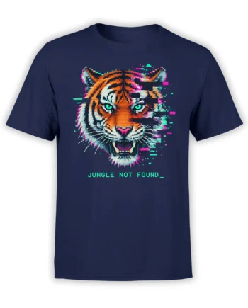 Pixelated orange tiger graphic with neon glitch effects and “JUNGLE NOT FOUND_” text on a navy T-shirt