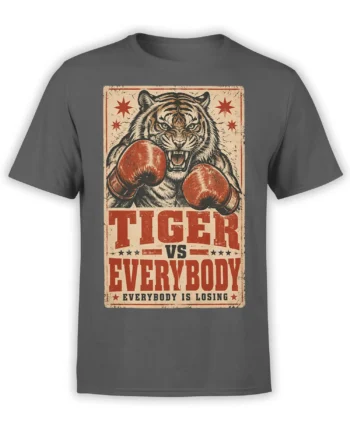 Gray tiger boxing T-shirt with red gloves, distressed fight poster artwork, and “Everybody Is Losing” text