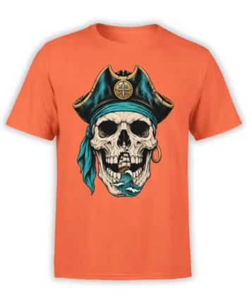 Orange T-shirt featuring a pirate skull with compass hat, sailing ship, and blue ocean wave artwork