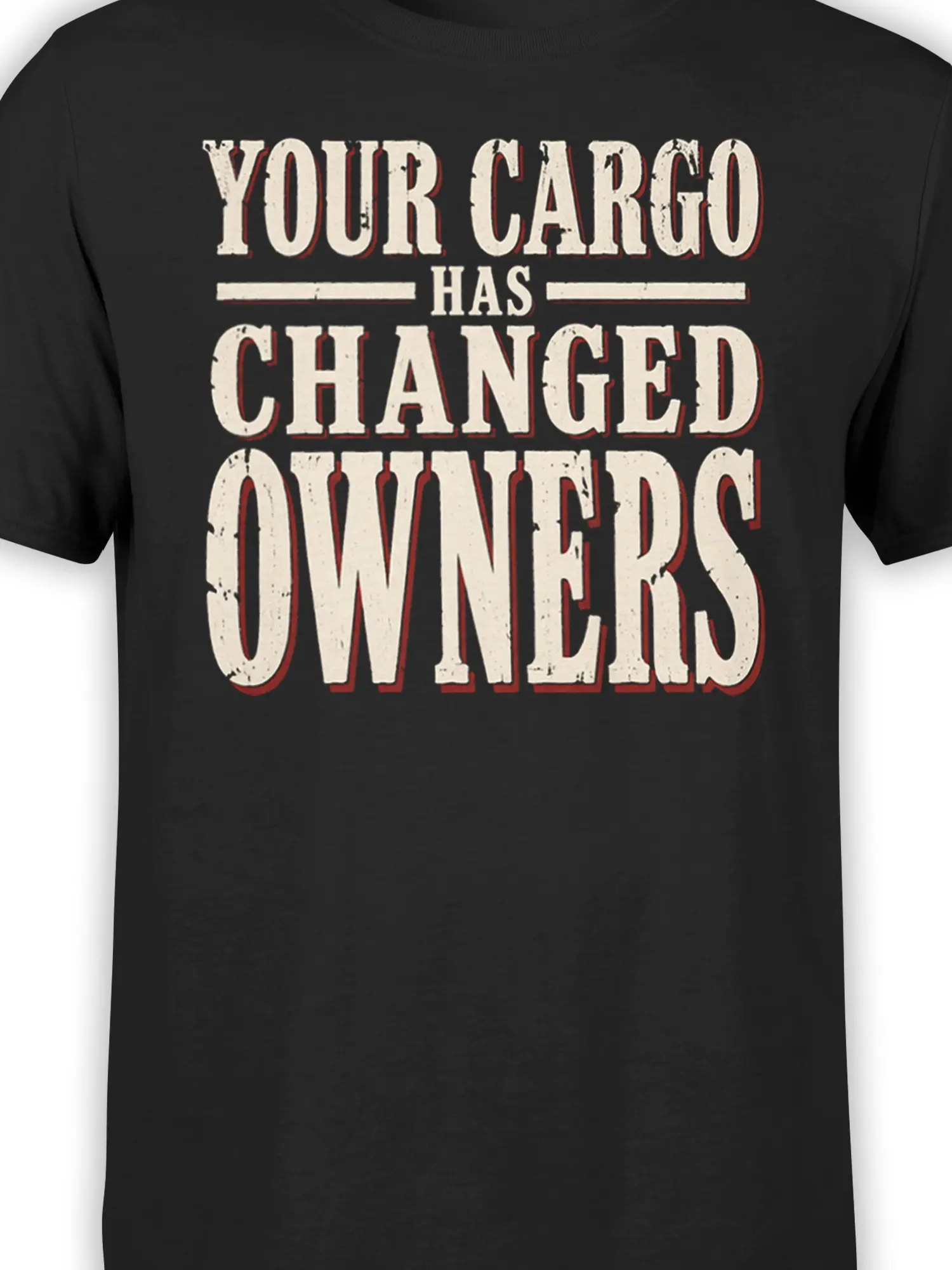 Close-up of distressed cream cargo slogan lettering with red shadow detail on a black T-shirt