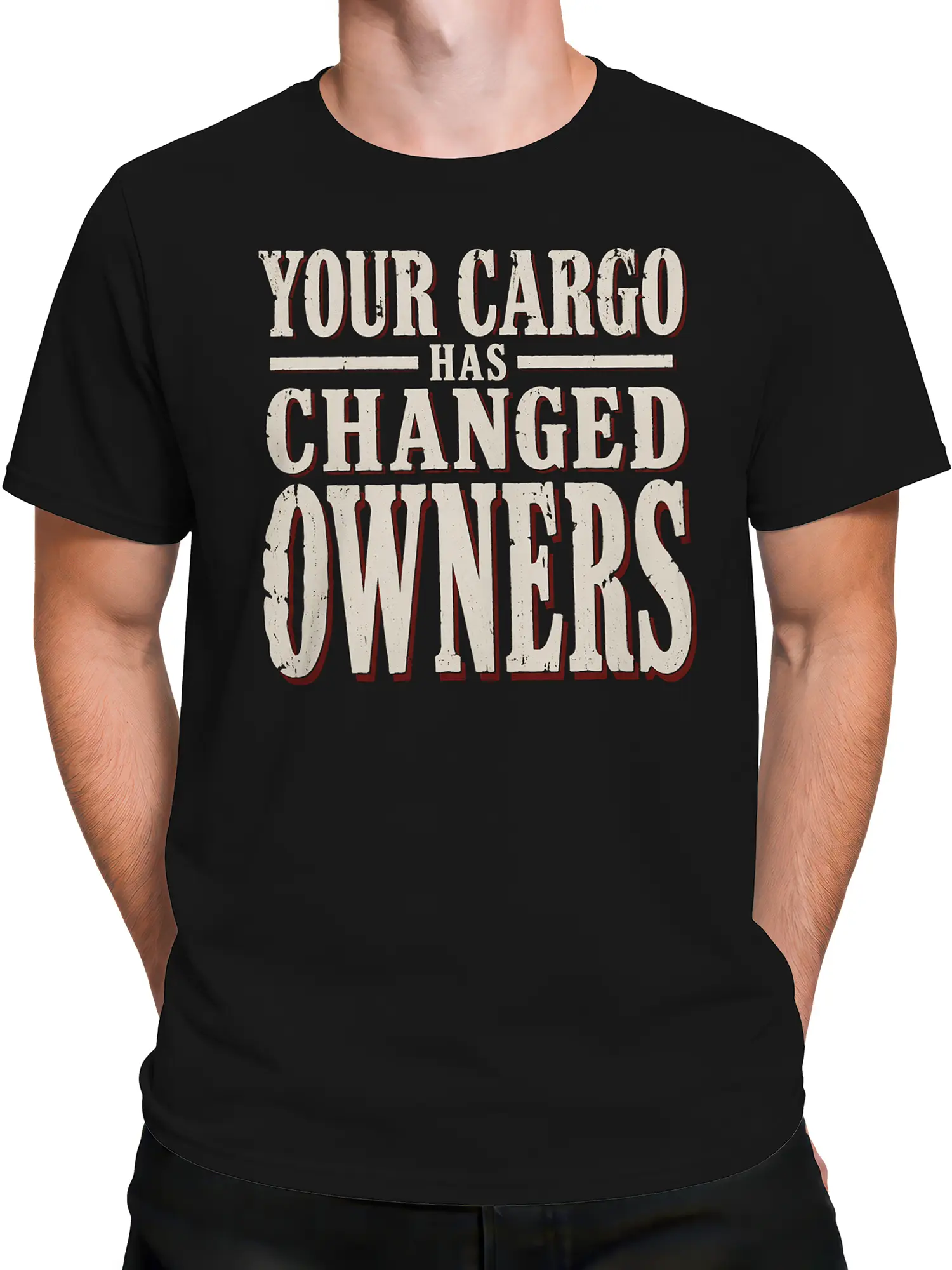 Male torso wearing a black graphic T-shirt with distressed cream and red cargo slogan lettering