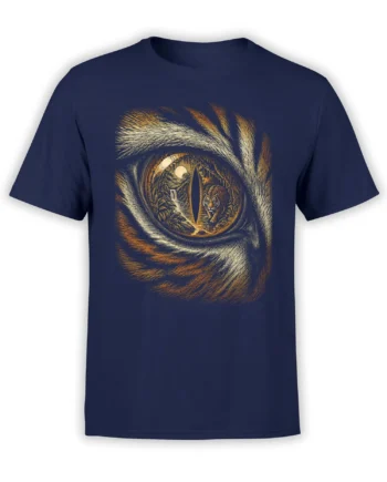 Artistic tiger eye T-shirt in navy with a striped tiger, moonlit landscape, waterfall, and swirling fur
