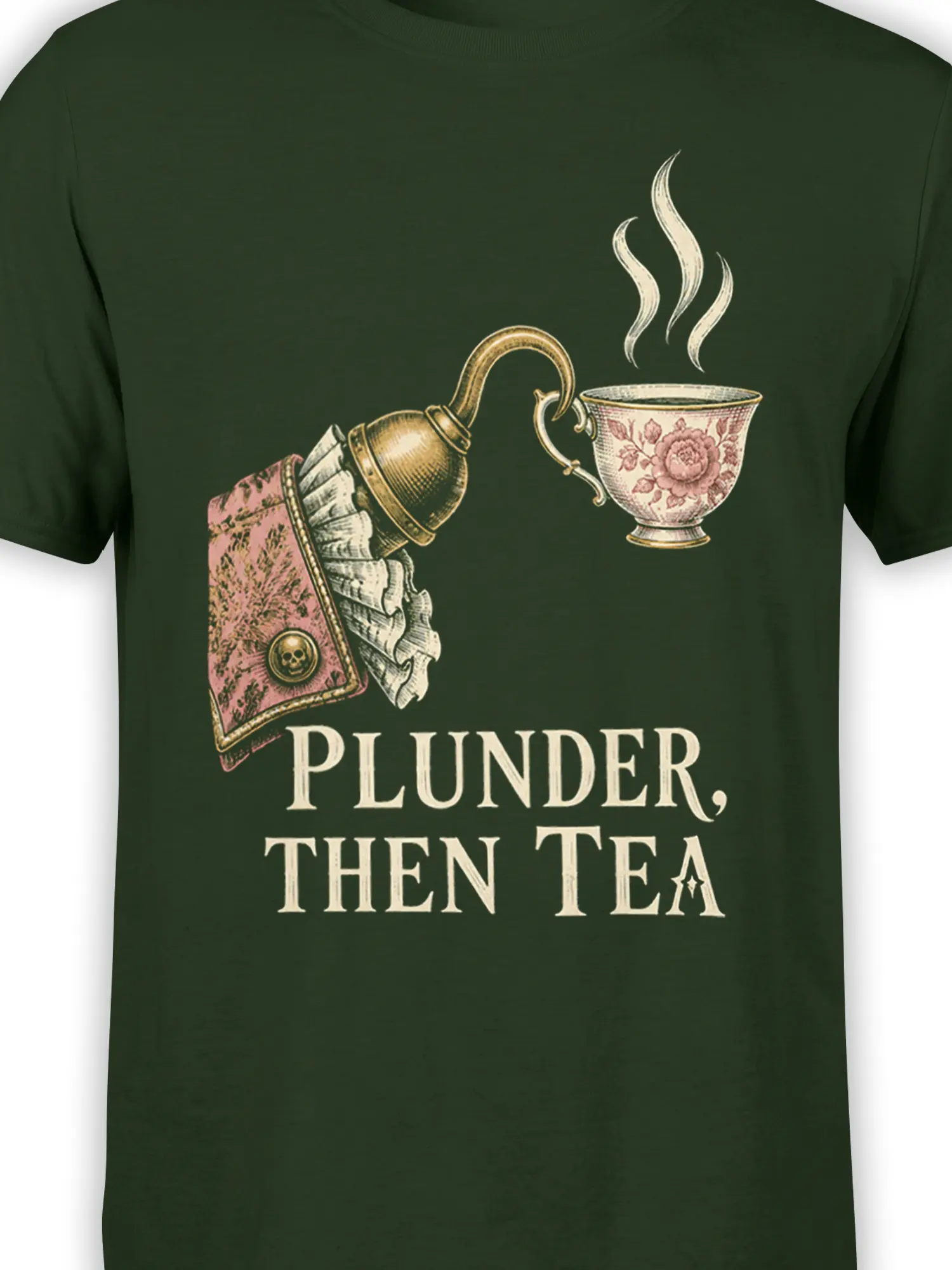 Close-up of vintage pirate tea artwork with a floral cup, steaming details, skull button, and cream slogan lettering