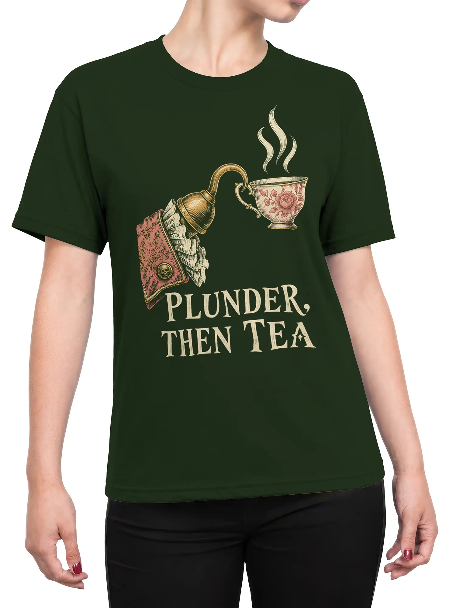 Female torso wearing a green vintage tea graphic tee with a floral cup, ornate vessel, and “PLUNDER, THEN TEA” design