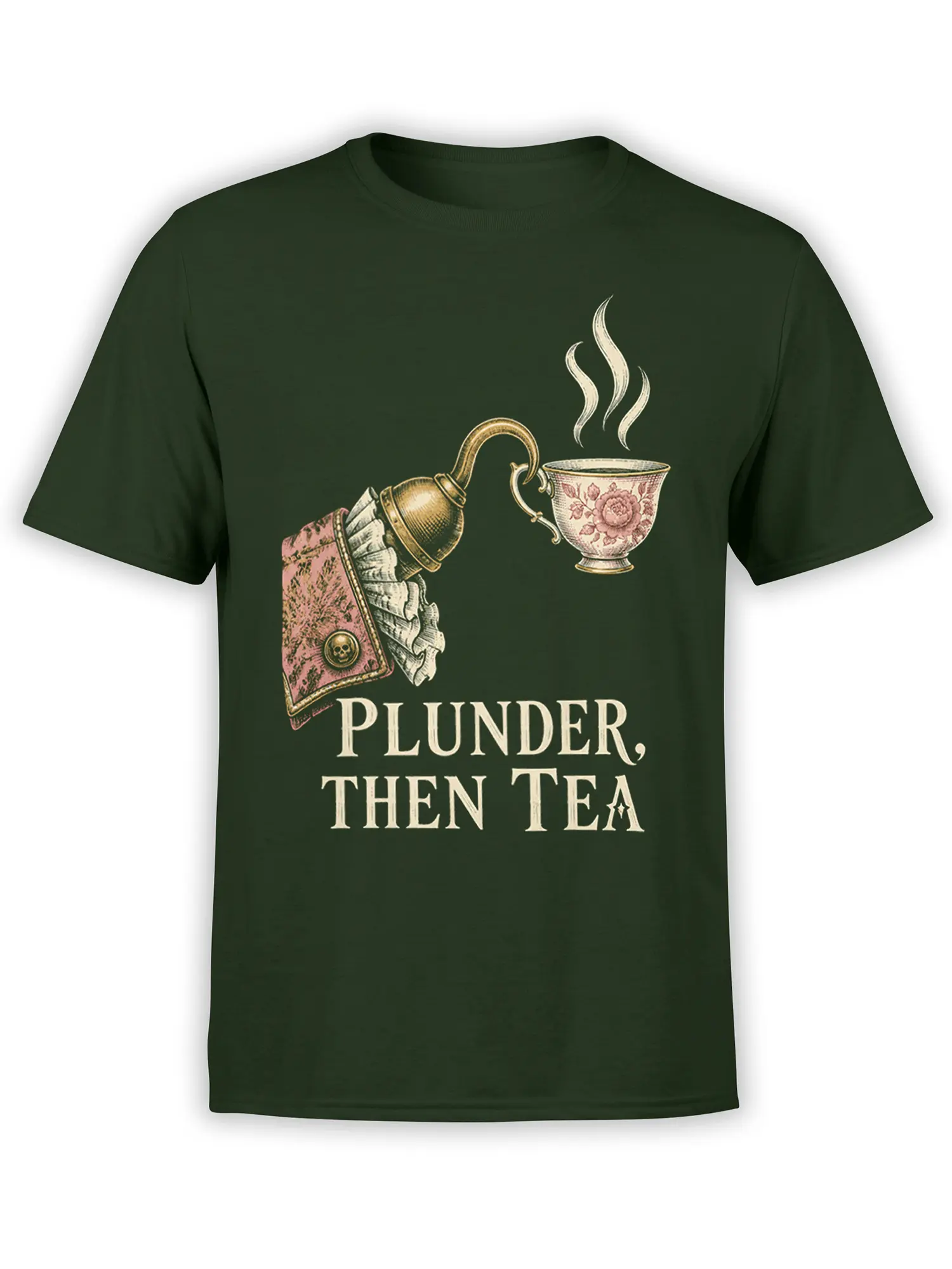 Green T-shirt with vintage pirate tea artwork, floral teacup, ornate vessel, and “PLUNDER, THEN TEA” text