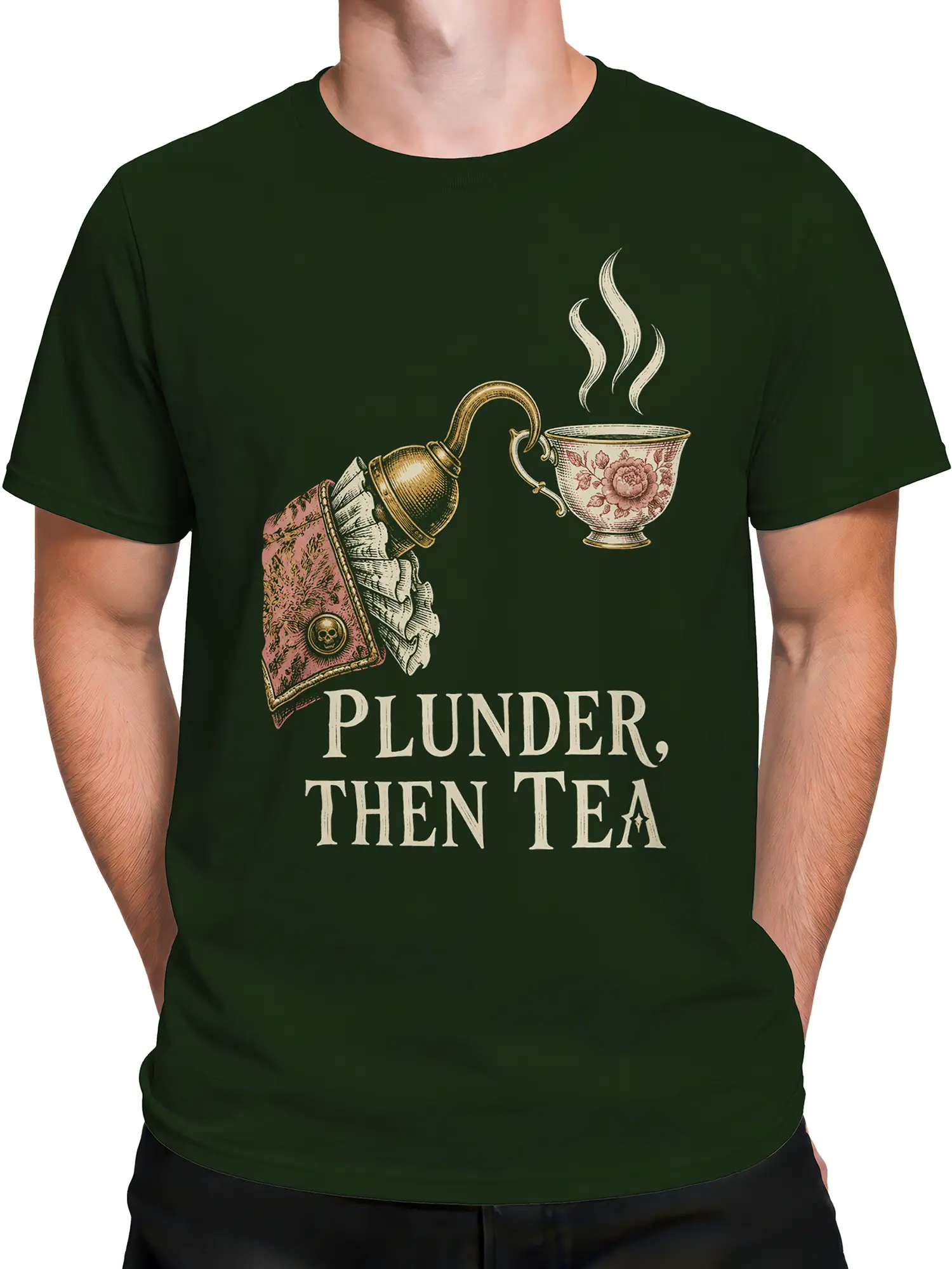 Male torso wearing a green pirate tea graphic tee with a steaming floral cup and “PLUNDER, THEN TEA” lettering
