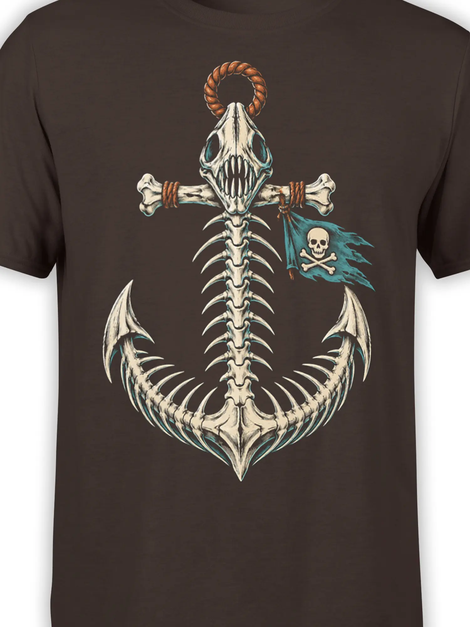 Close-up of skeletal sea creature artwork, crossed bones, skull details, and blue pirate flag on brown fabric