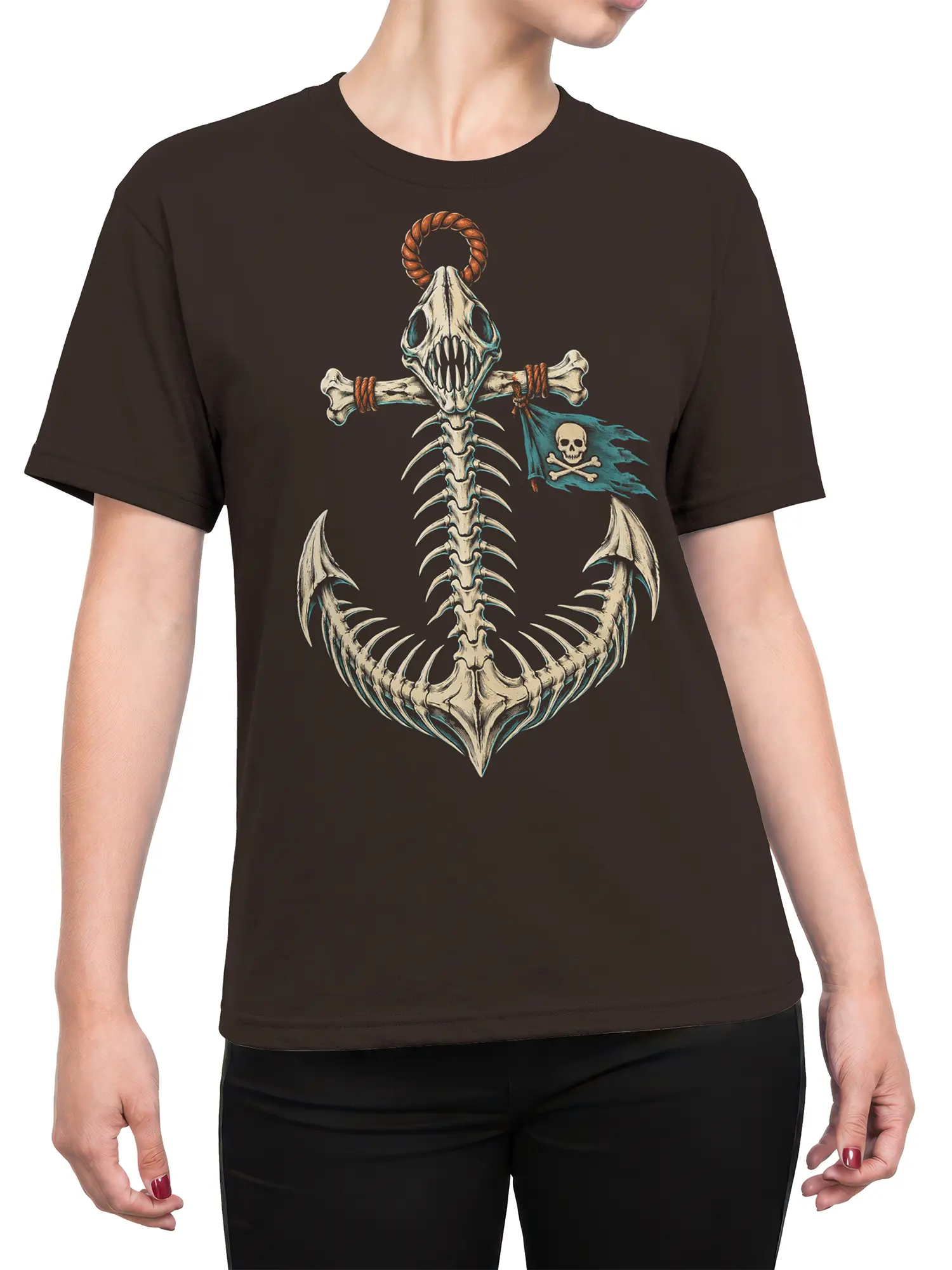 Female torso wearing a brown T-shirt with a bold pirate skeleton sea creature and blue flag graphic