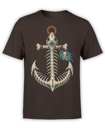 Pirate skeleton sea creature graphic with crossed bones and a blue flag on a brown T-shirt