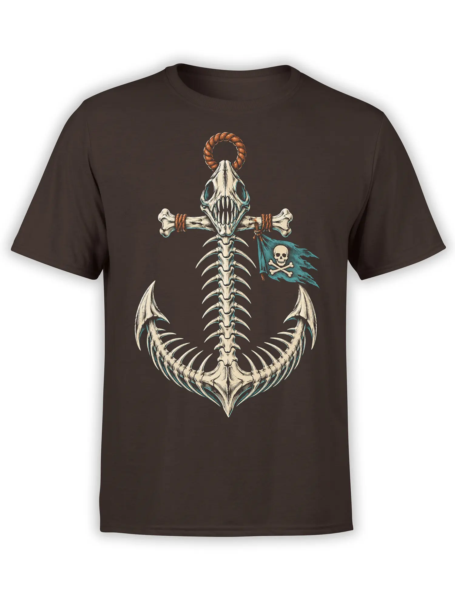 Pirate skeleton sea creature graphic with crossed bones and a blue flag on a brown T-shirt