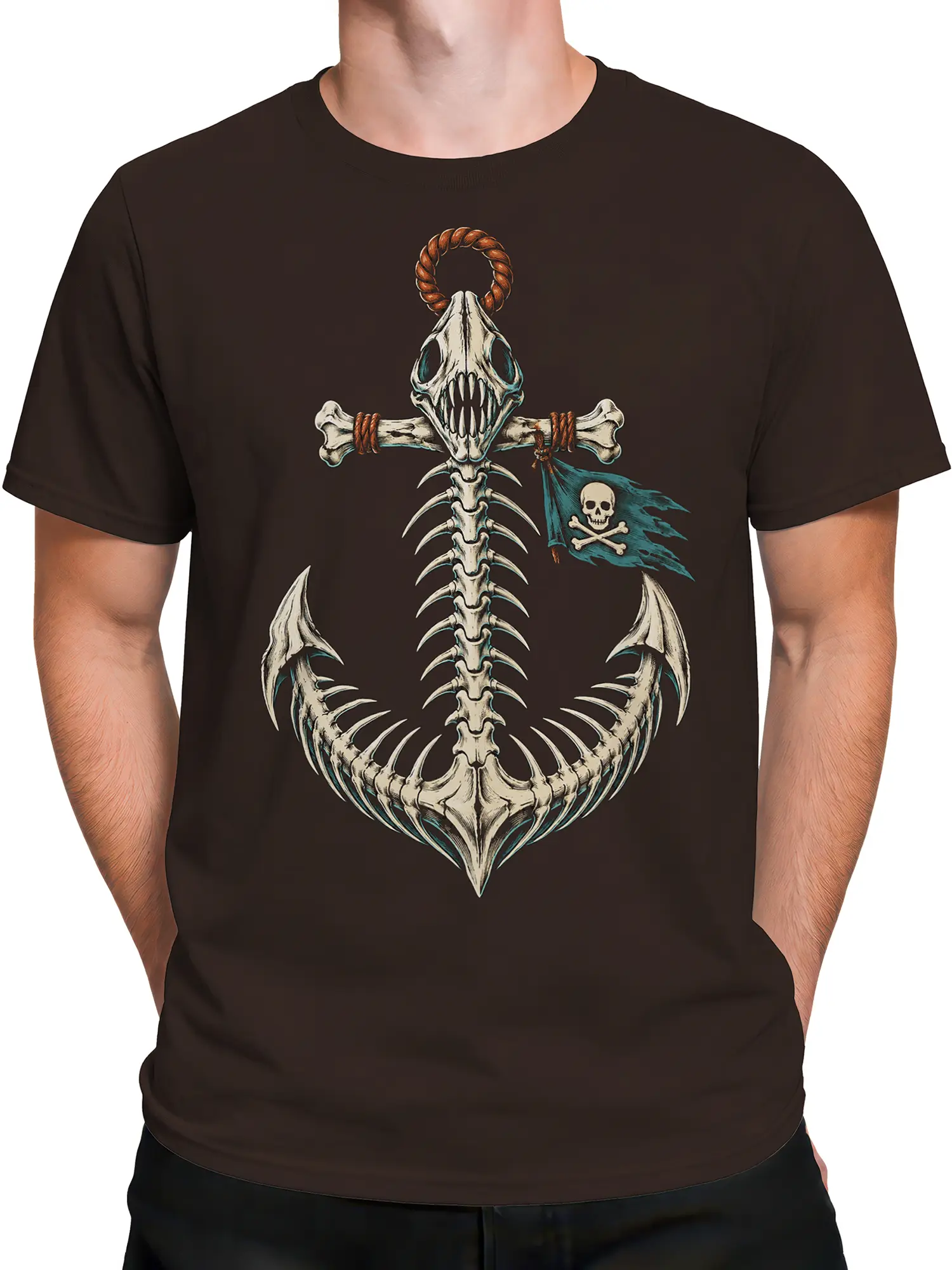 Male torso wearing a brown T-shirt with a detailed skeletal sea creature and crossed bones graphic