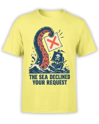 Yellow octopus pirate T-shirt with crashing waves, a ship, rejected envelope, and nautical message