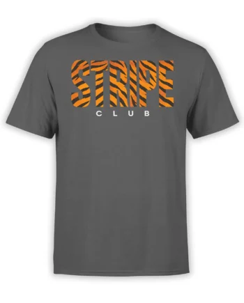 Charcoal gray T-shirt with orange tiger stripe “STRIPE” lettering and white “CLUB” text