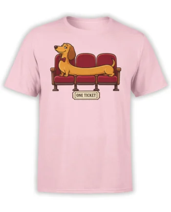 Pink T-shirt with a dapper dachshund in a bow tie standing on theater seats above a one-ticket sign