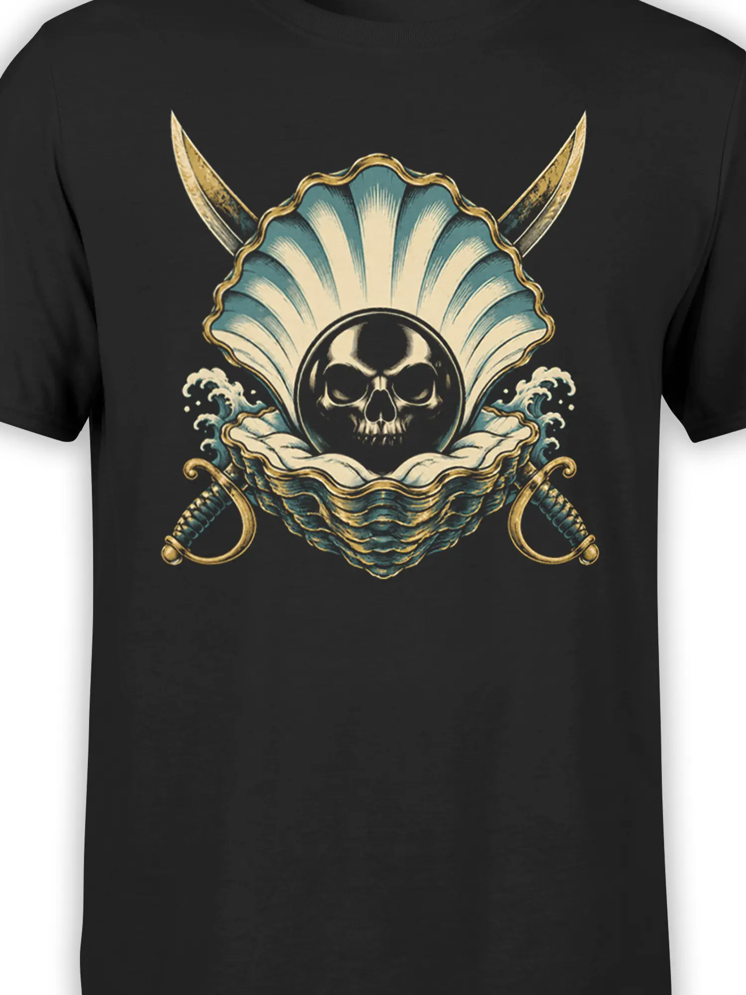 Close-up of the shell skull graphic with curling waves, curved points, and muted blue, cream, and gold artwork