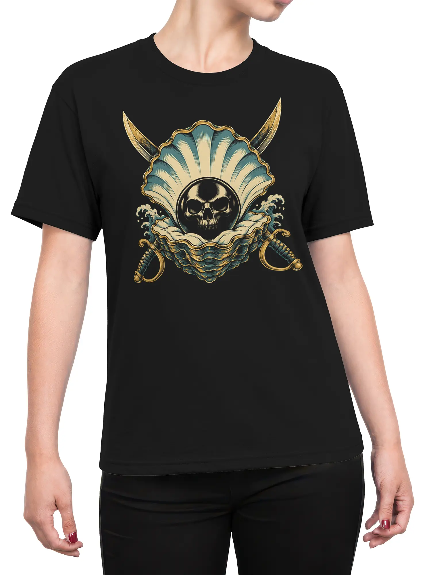 Female torso wearing a black T-shirt with a shell skull graphic, curling waves, and vintage nautical details