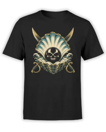 Black T-shirt with a dark nautical skull rising from a shell, surrounded by curling waves and antique gold details