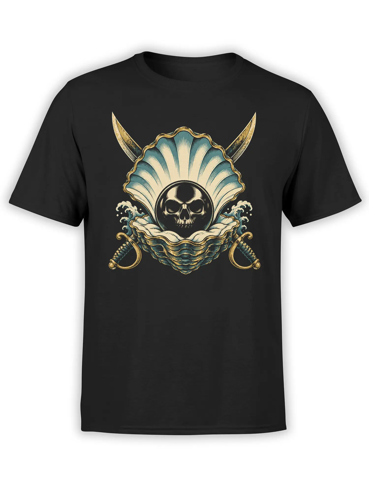 Black T-shirt with a dark nautical skull rising from a shell, surrounded by curling waves and antique gold details