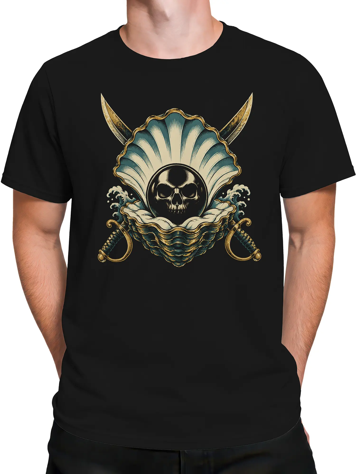Male torso wearing a black pirate T-shirt with a skull, shell, curling waves, and dark nautical artwork