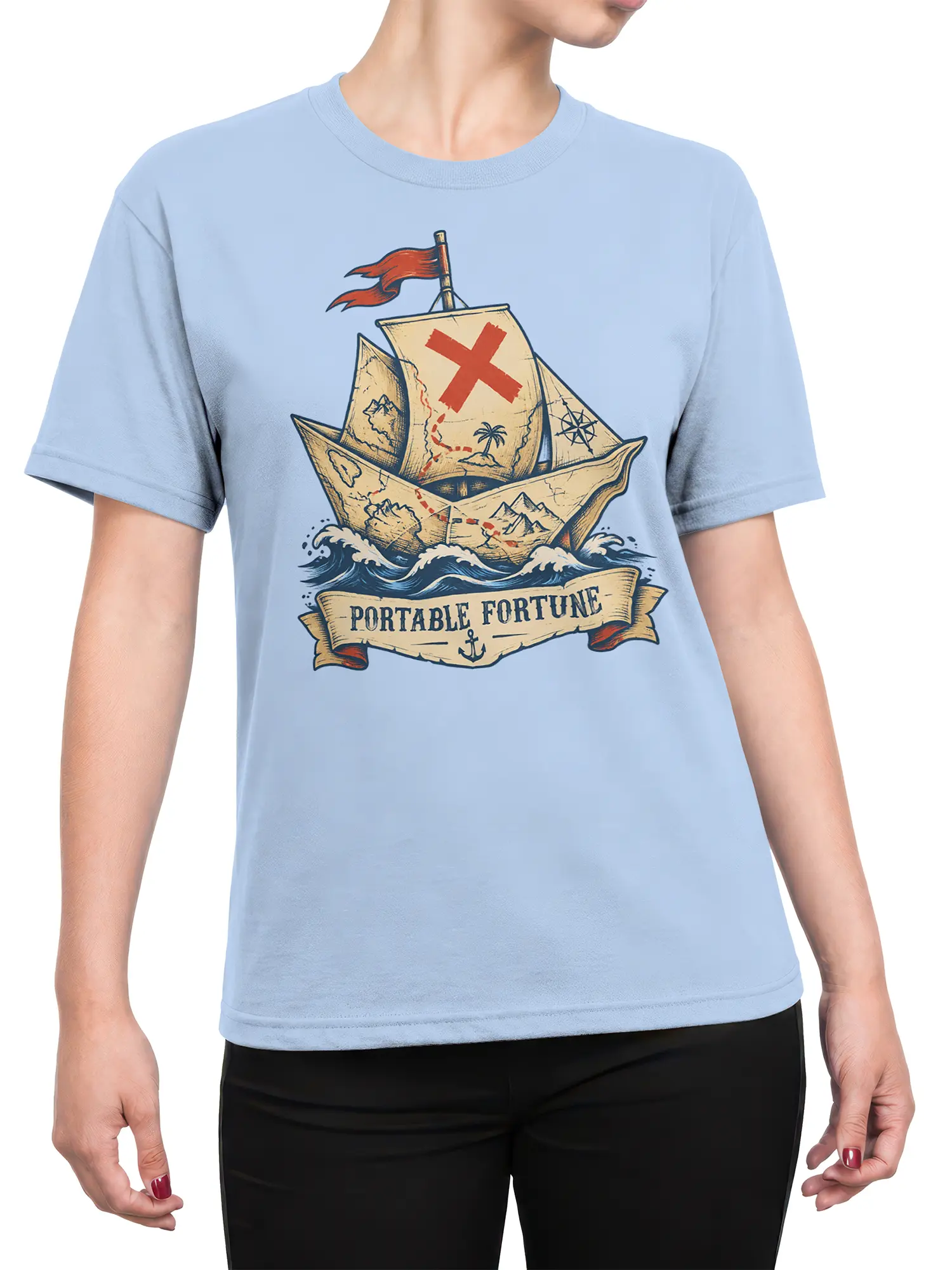 Female torso wearing a light blue nautical T-shirt with a vintage paper boat and map-inspired sailing design