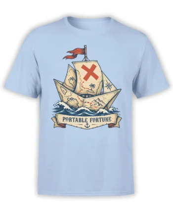 Light blue T-shirt with a vintage nautical paper boat, map sails, ocean waves, compass, and Portable Fortune banner