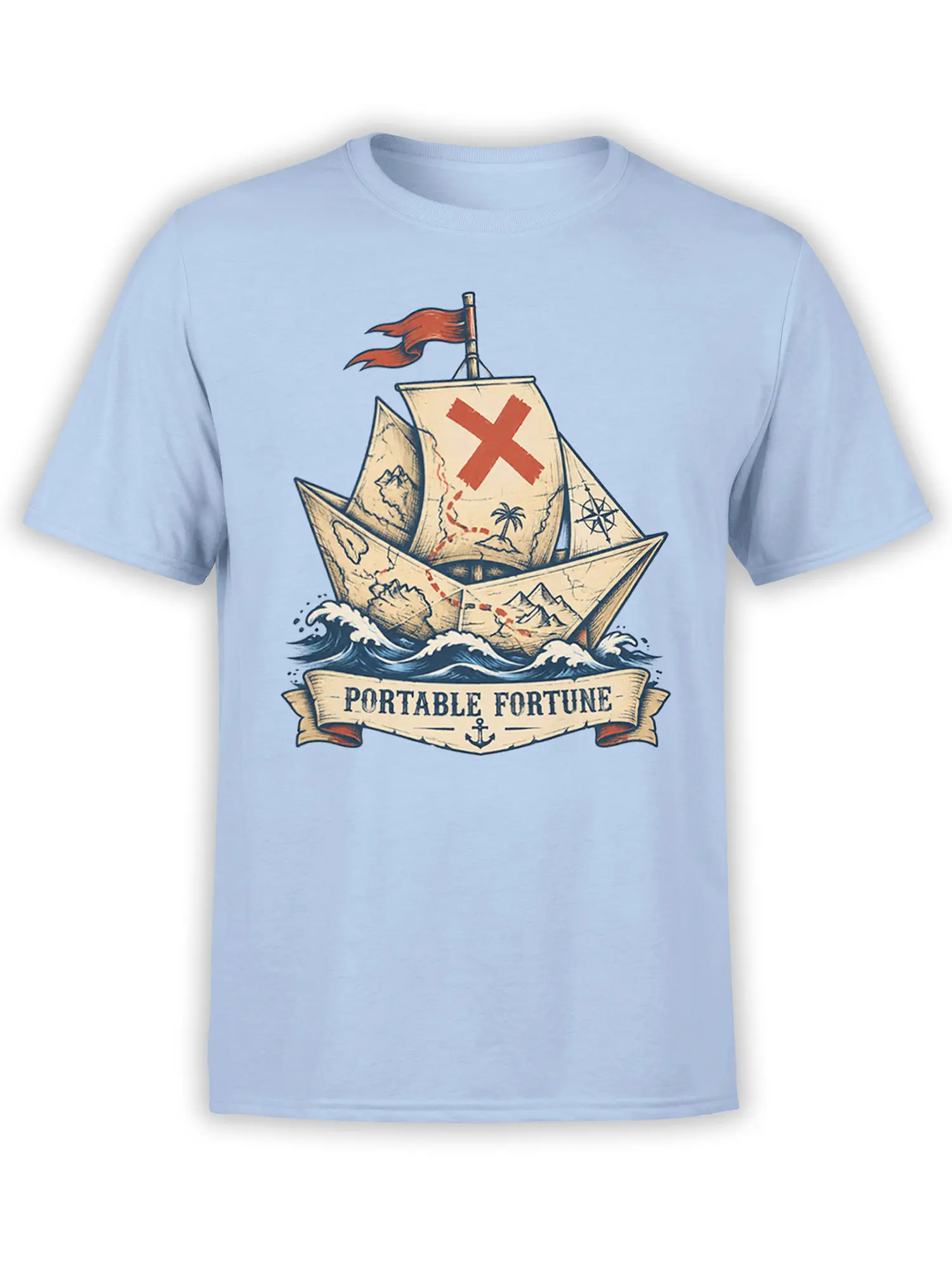 Light blue T-shirt with a vintage nautical paper boat, map sails, ocean waves, compass, and Portable Fortune banner
