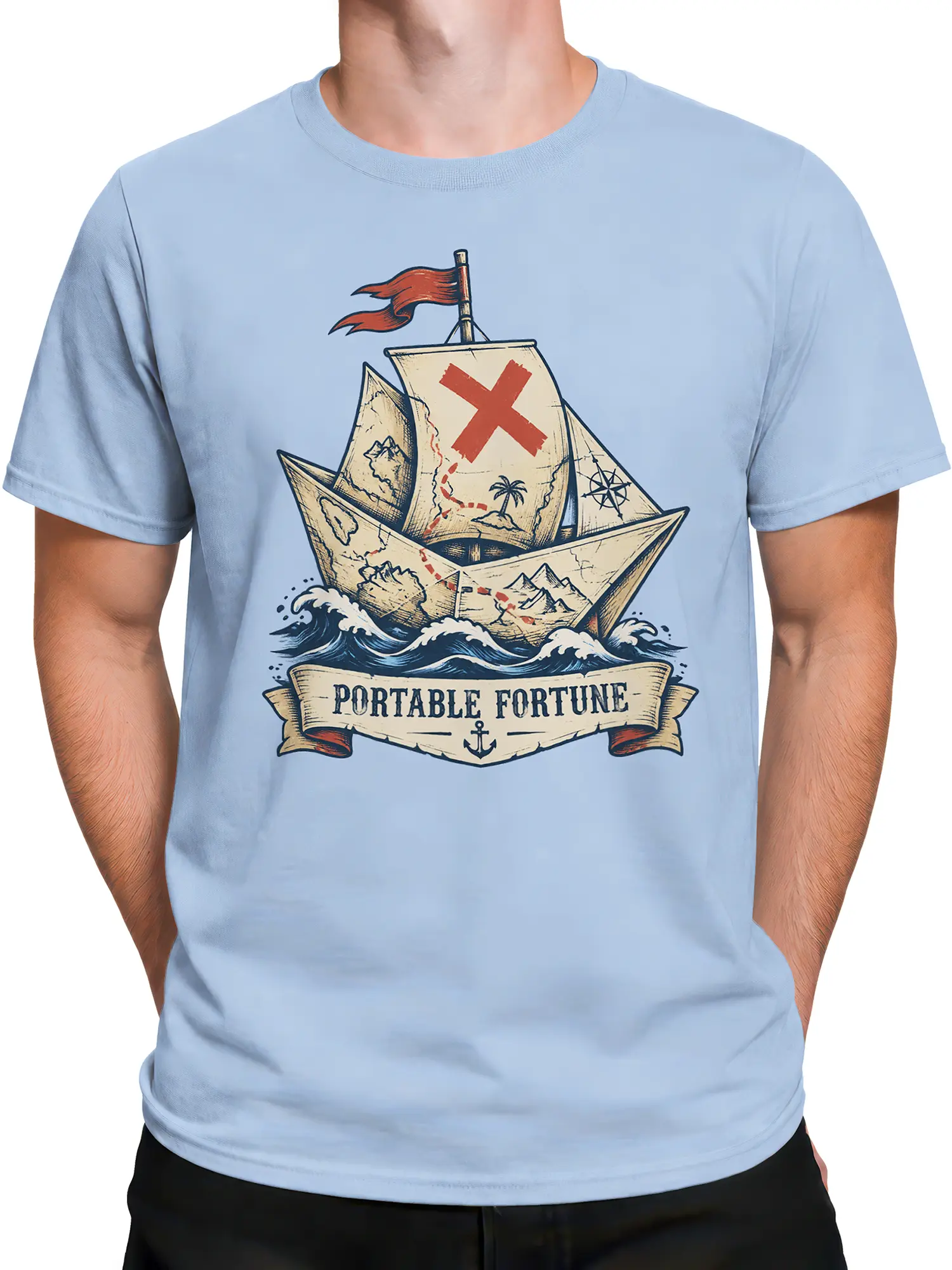 Male torso wearing a light blue ship T-shirt with a vintage paper boat and Portable Fortune design