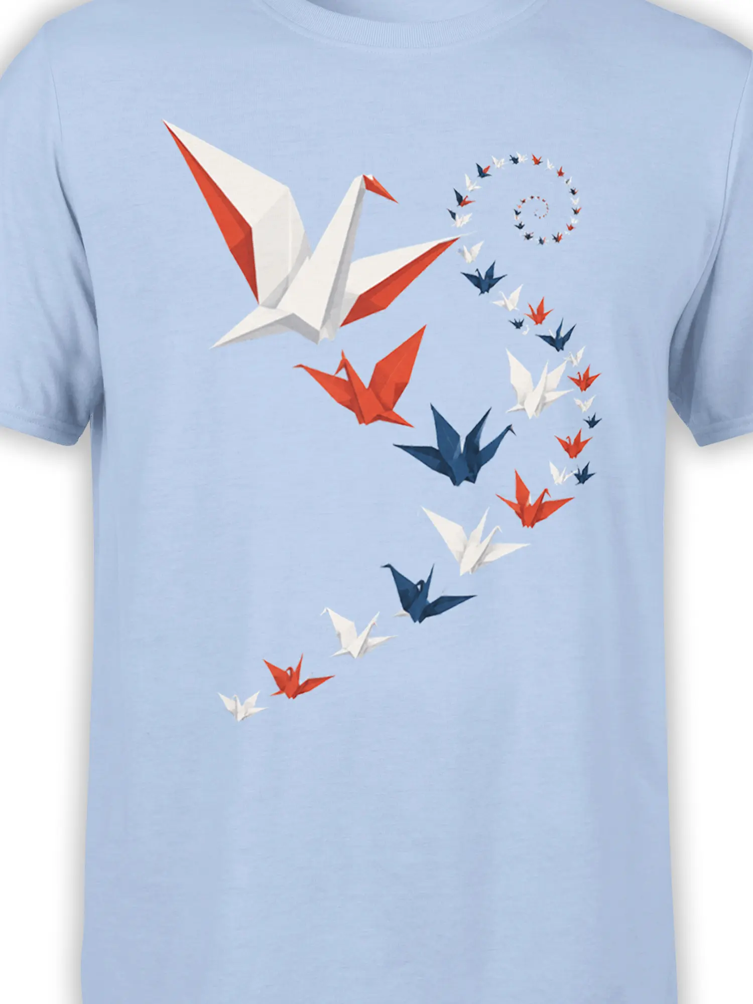 Close-up of colorful origami cranes on a light blue T-shirt with geometric folded paper details
