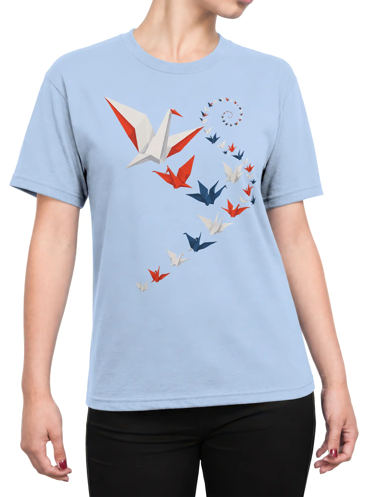 Female torso wearing a light blue T-shirt with a colorful origami crane flight design