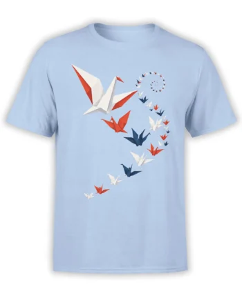 Light blue T-shirt with colorful origami paper cranes flying across the front in a graceful pattern