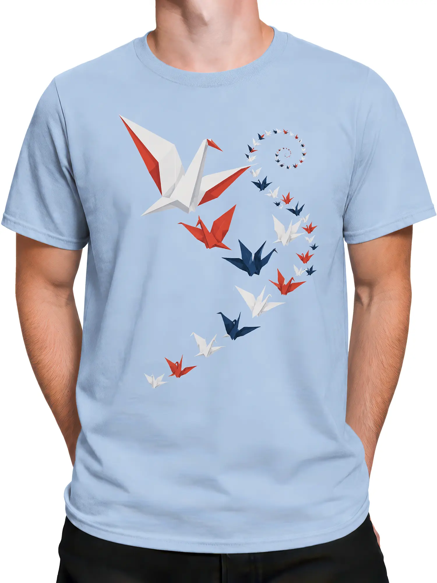 Male torso wearing a light blue T-shirt with colorful origami cranes in flight