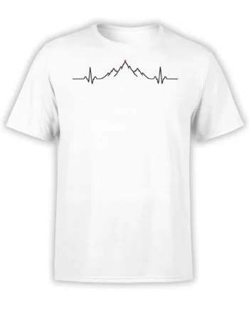White mountain T-shirt with a black heartbeat line forming peaks and a small red summit accent