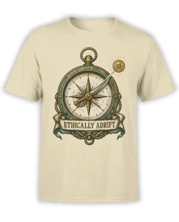 Beige nautical T-shirt with vintage compass, crossed sword, skull emblem, and “ETHICALLY ADRIFT” banner