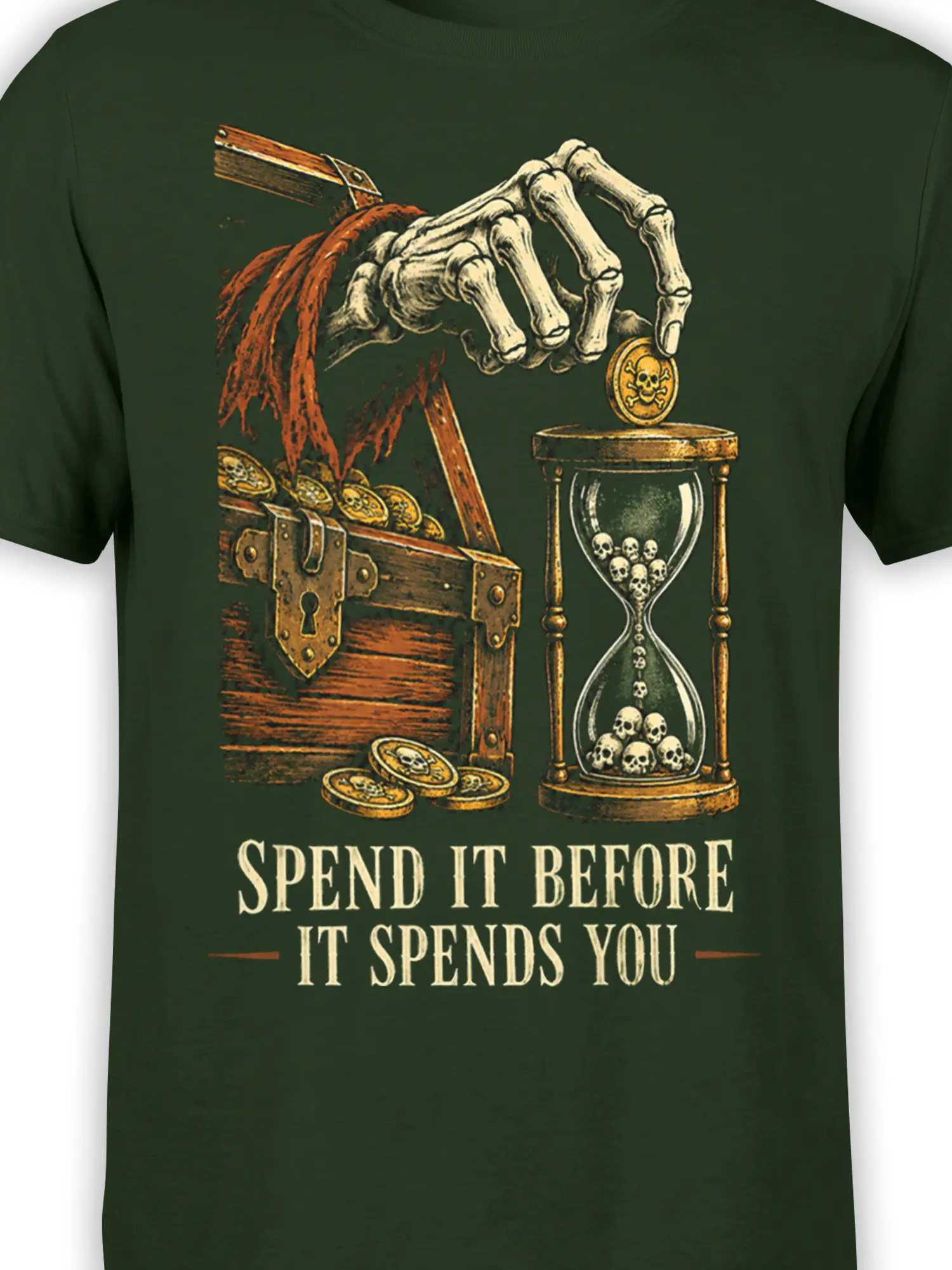 Close-up of the dark green skull treasure graphic with coins, wooden chest, skeletal hand, and detailed hourglass