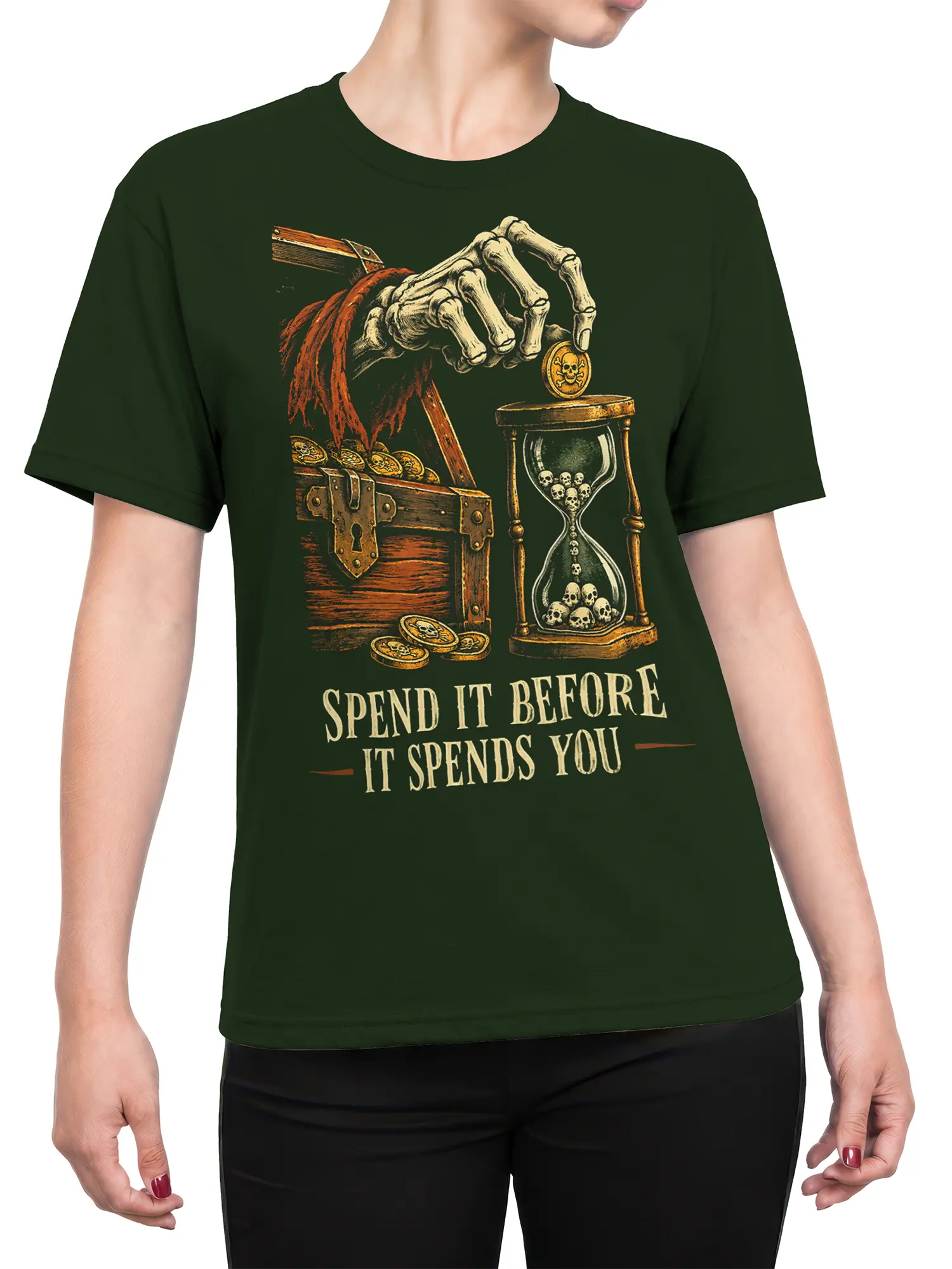 Female torso wearing a dark green skull treasure shirt with a skeletal hand, coins, hourglass, and vintage warning text