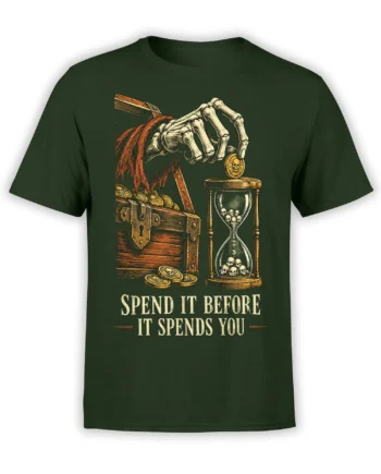 Dark green shirt with a vintage skull treasure design, skeletal hand, coins, hourglass, and spending warning
