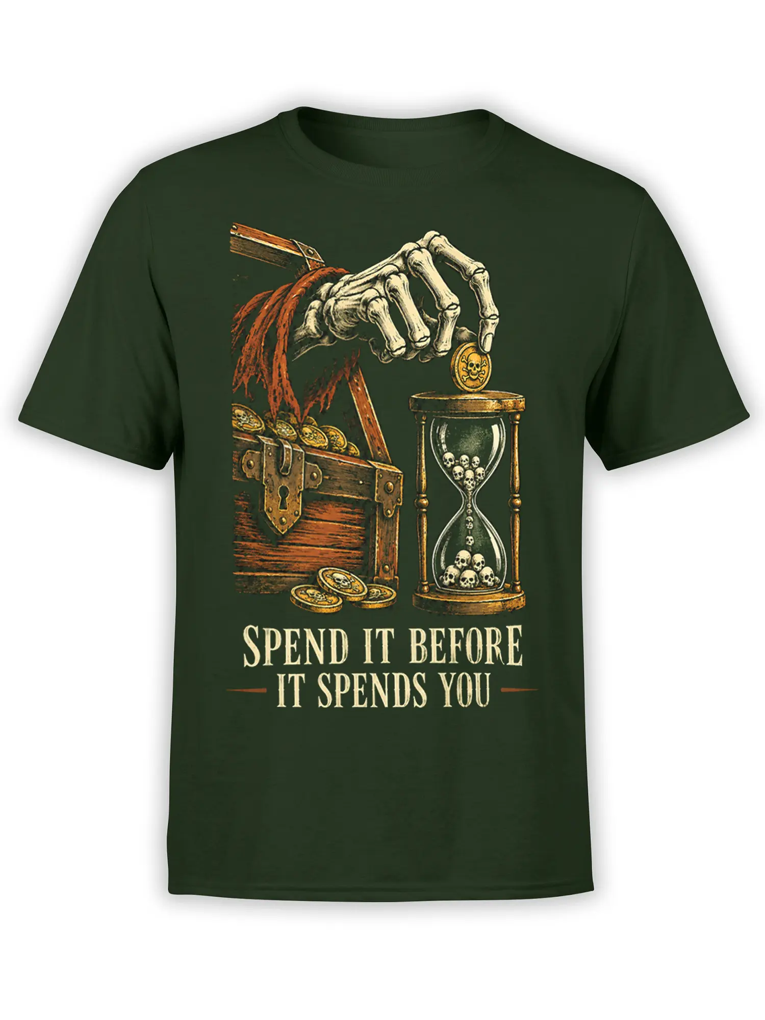 Dark green shirt with a vintage skull treasure design, skeletal hand, coins, hourglass, and spending warning
