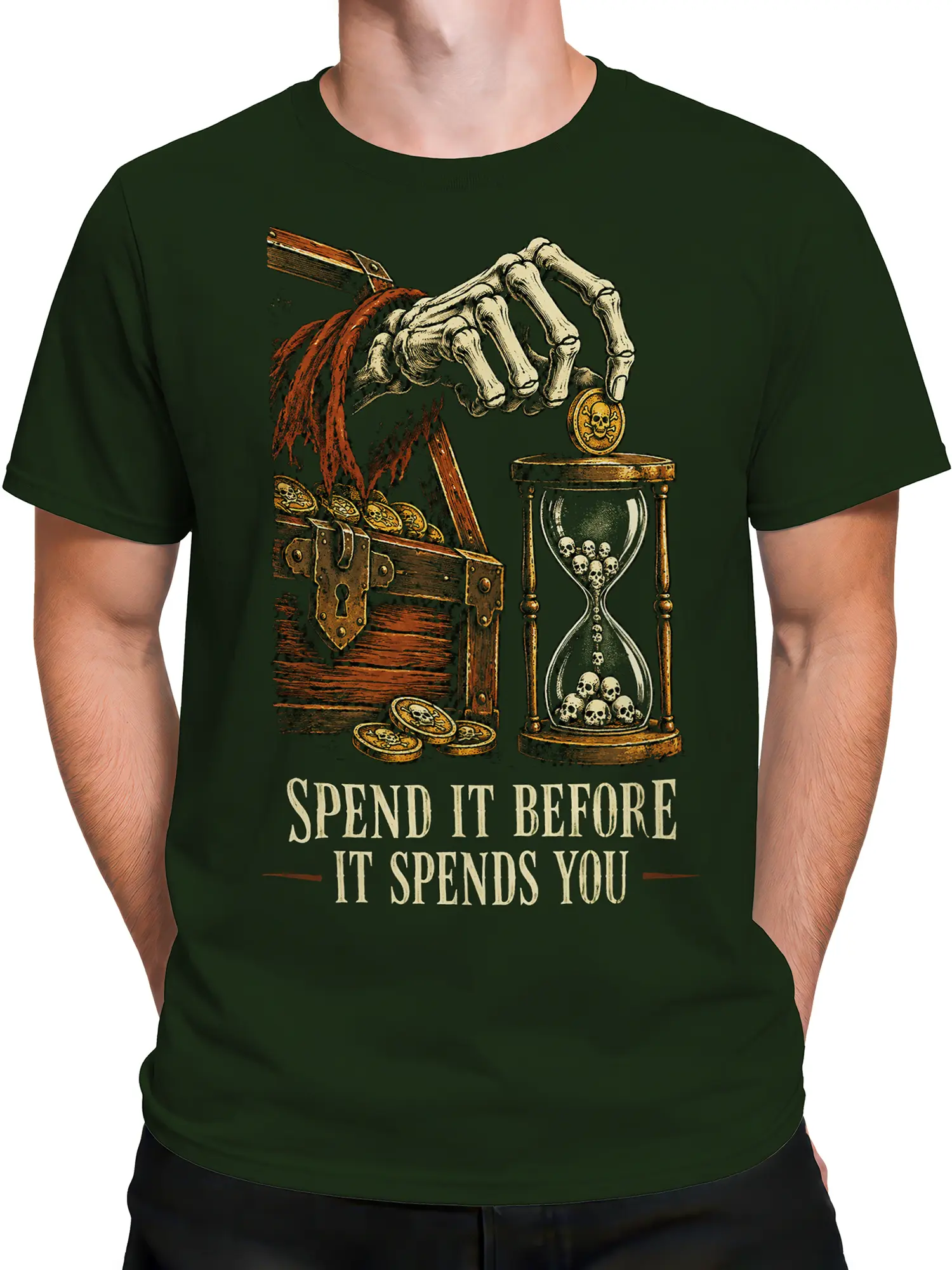 Male torso wearing a dark green vintage skull shirt with treasure, coins, hourglass, and dark humor text