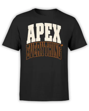 Black T-shirt with bold cream APEX and orange outlined EVERYTHING graphic across the front
