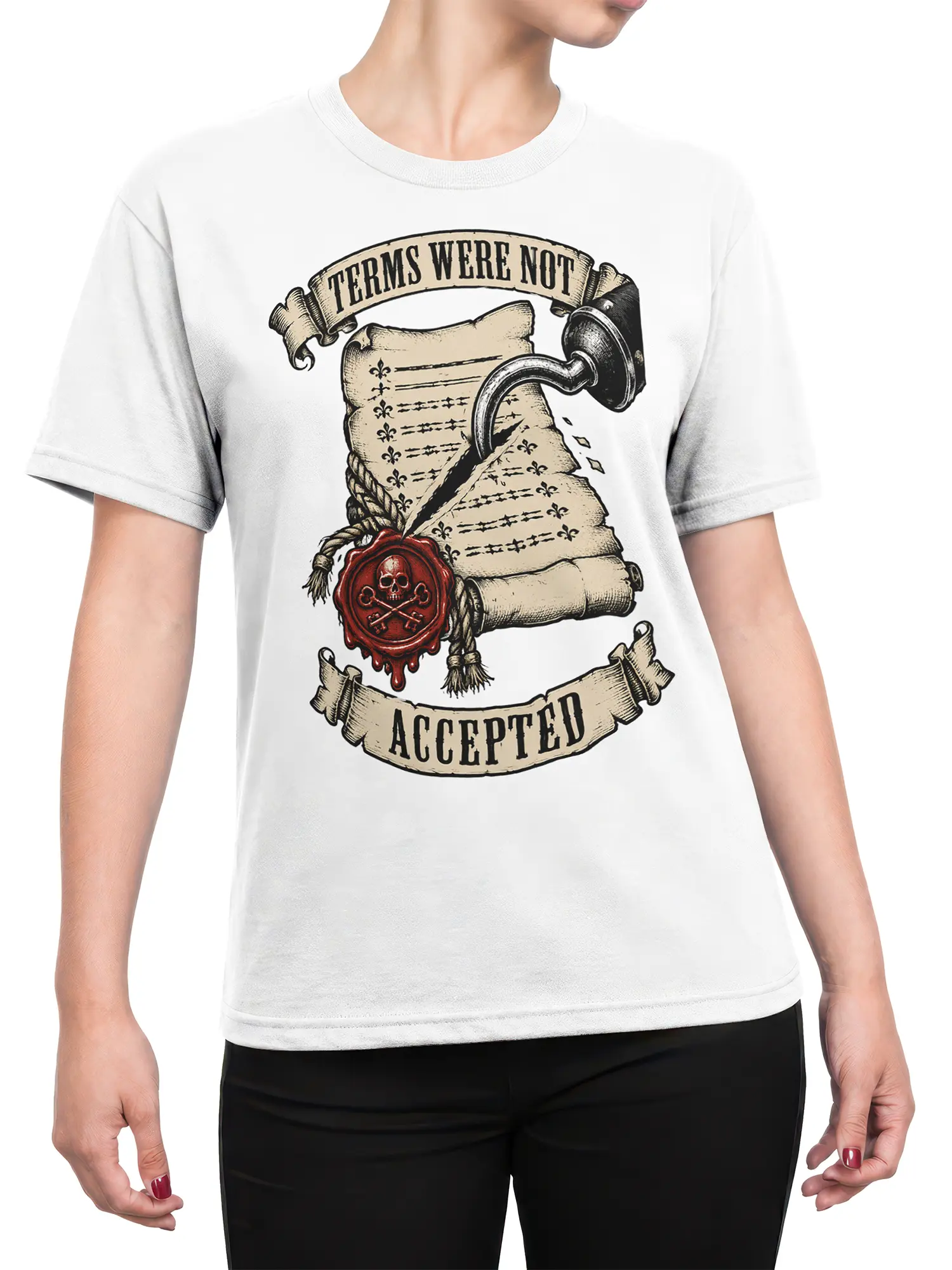 Female torso wearing a white rejected terms T-shirt with vintage scroll artwork and a red skull wax seal