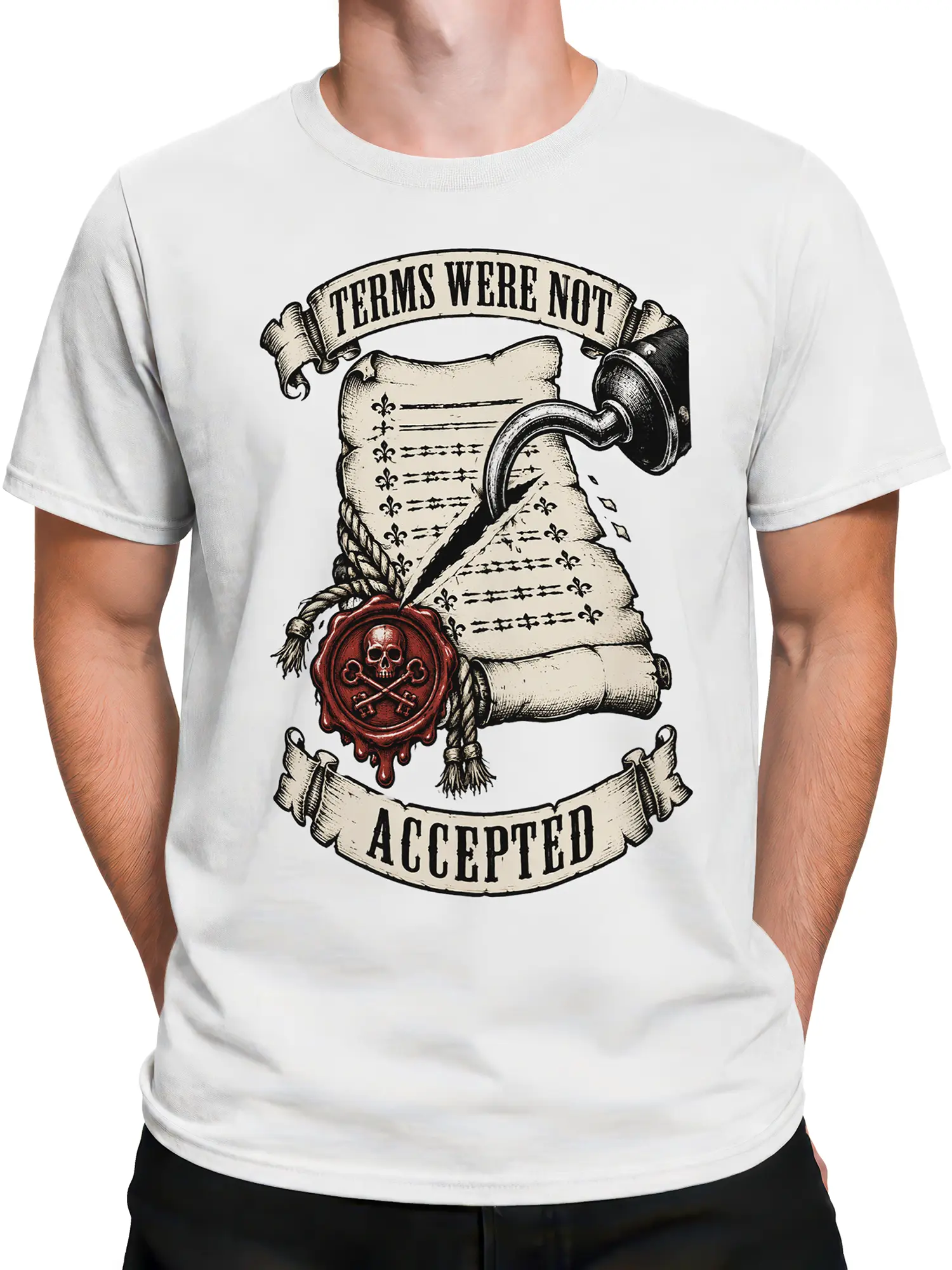Male torso wearing a white rejected terms T-shirt with vintage parchment and skull seal artwork