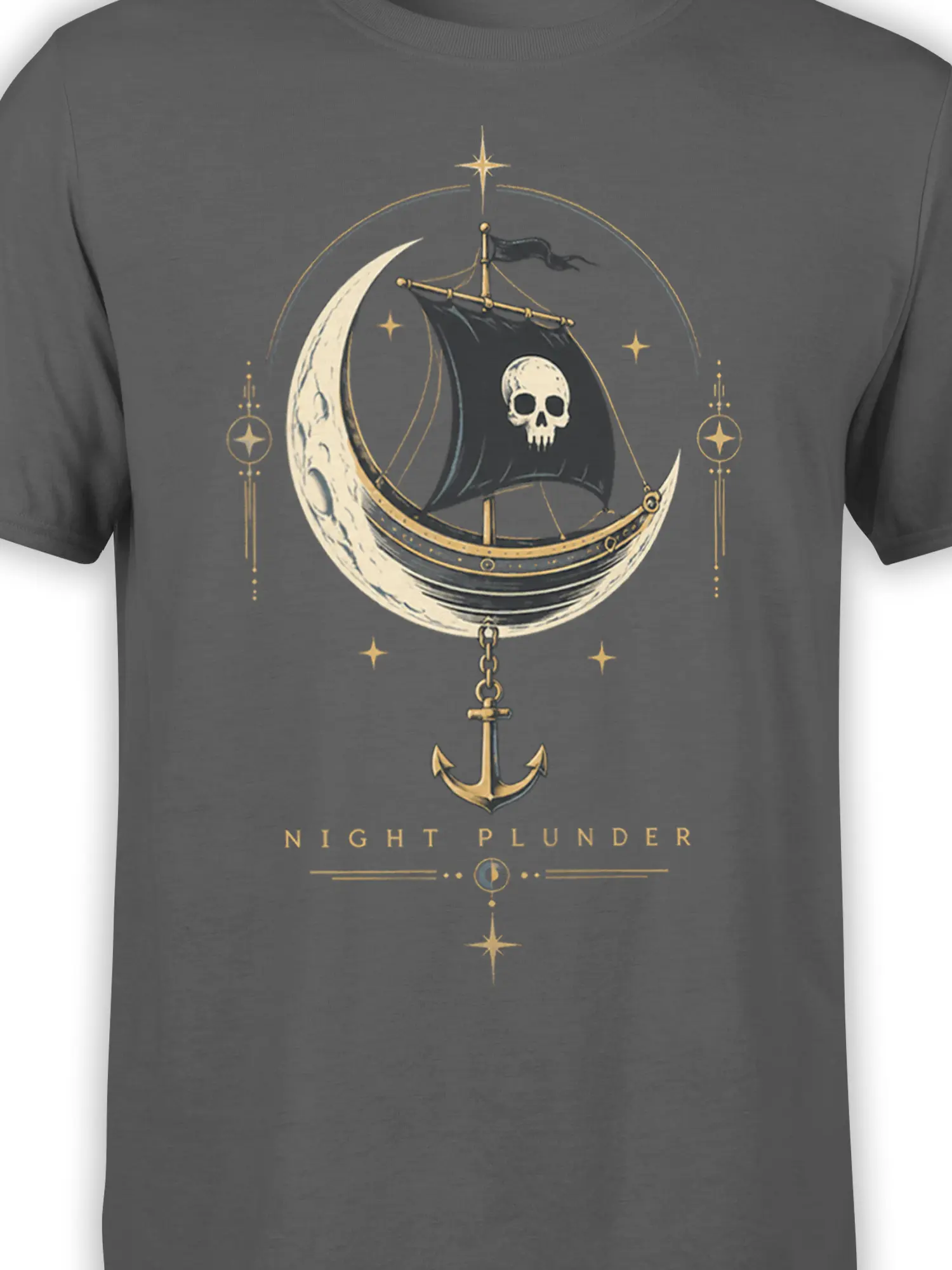 Close-up of skull sailboat and crescent moon graphic on a dark gray nautical T-shirt