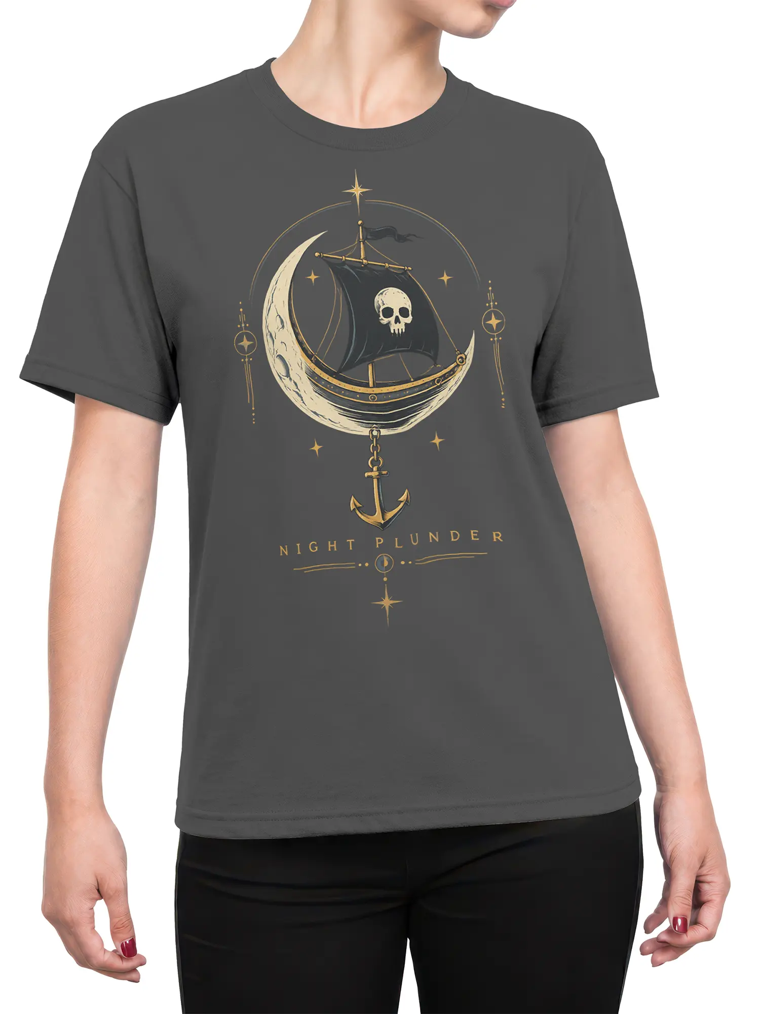 Female torso wearing a dark gray T-shirt with a moonlit skull sailboat and Night Plunder design