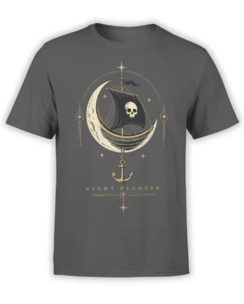 Dark gray pirate T-shirt with a skull sailboat crossing a crescent moon beneath golden stars