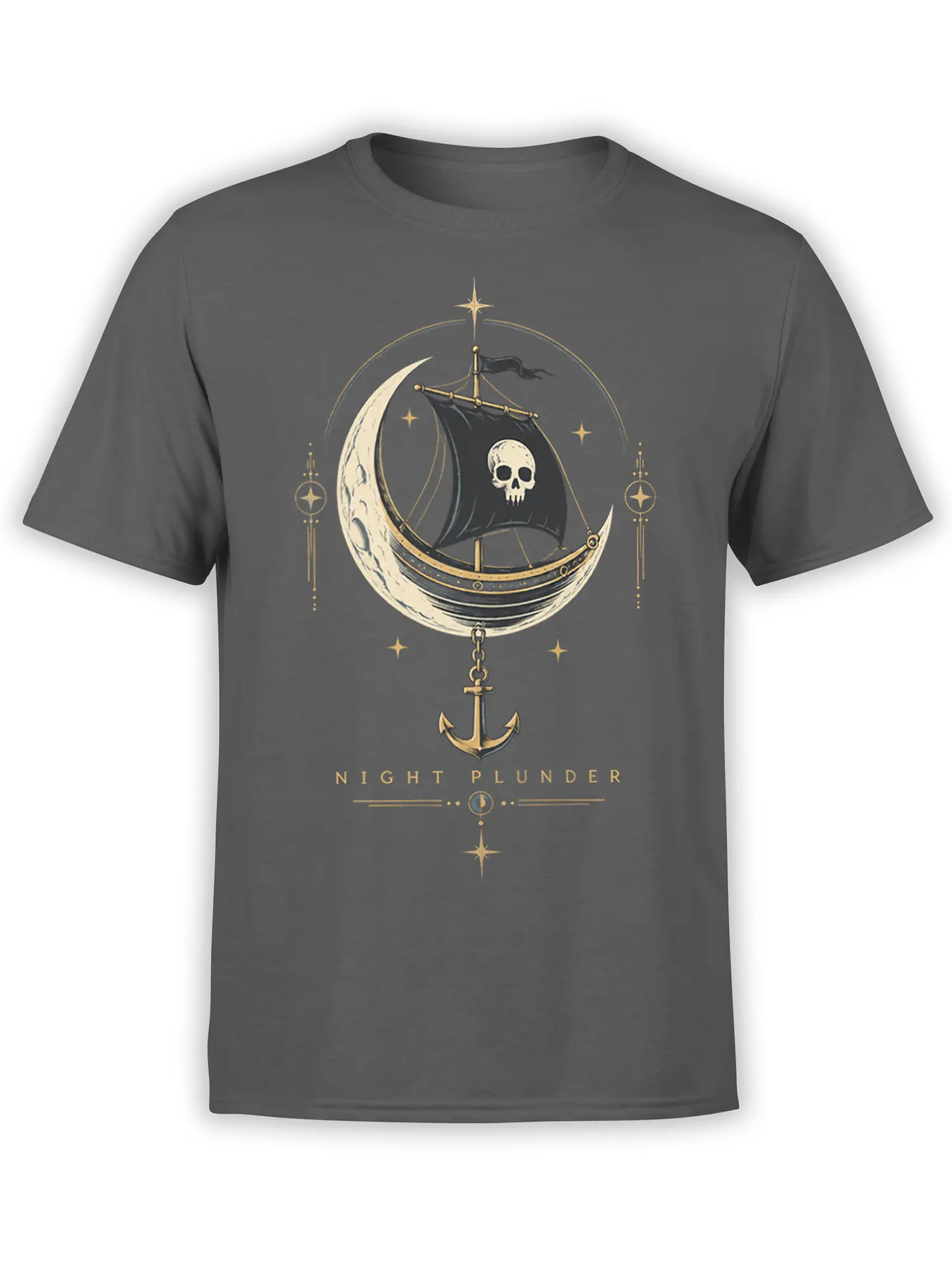 Dark gray pirate T-shirt with a skull sailboat crossing a crescent moon beneath golden stars