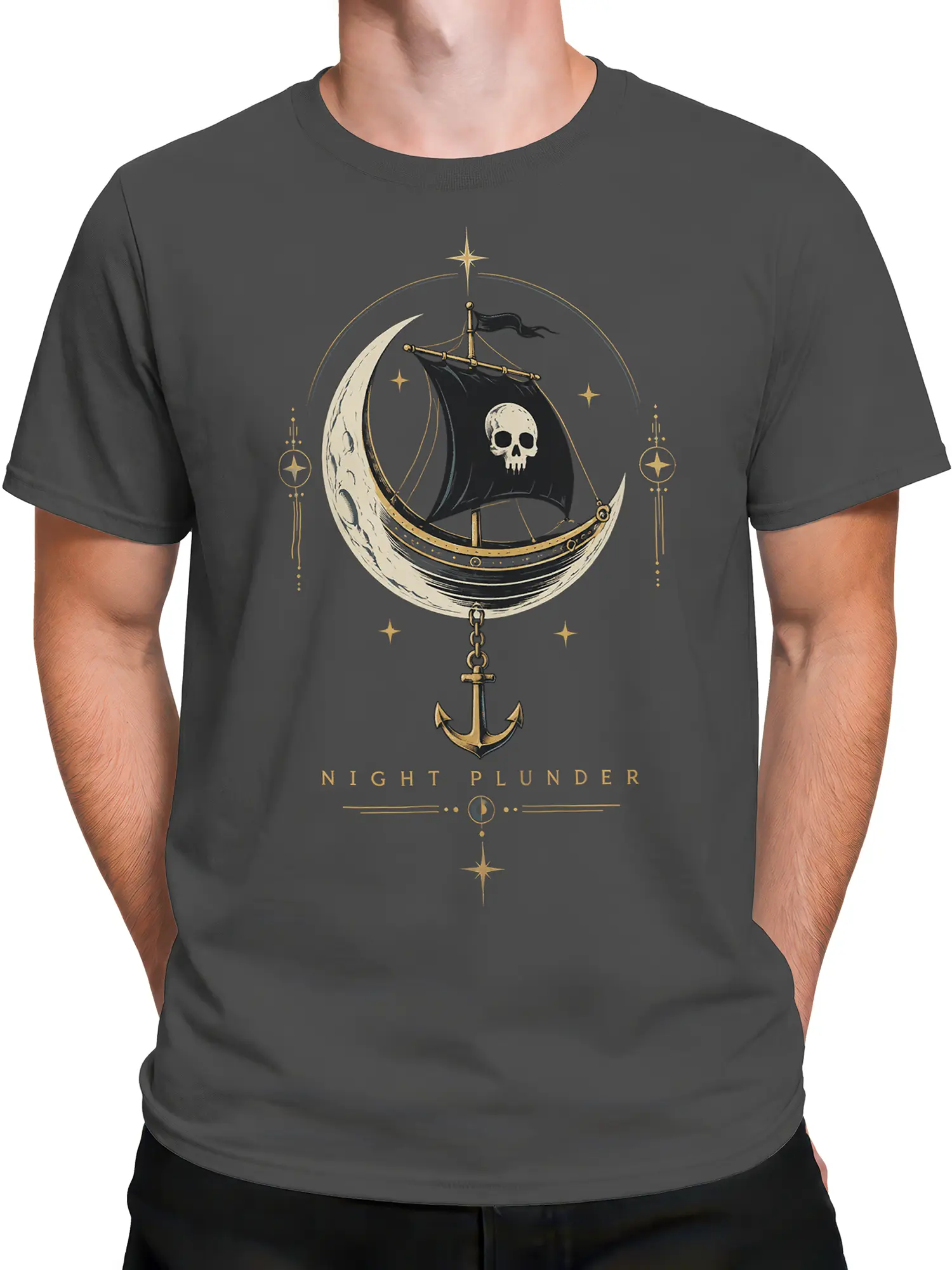 Male torso wearing a dark gray pirate T-shirt with a crescent moon boat and skull sail