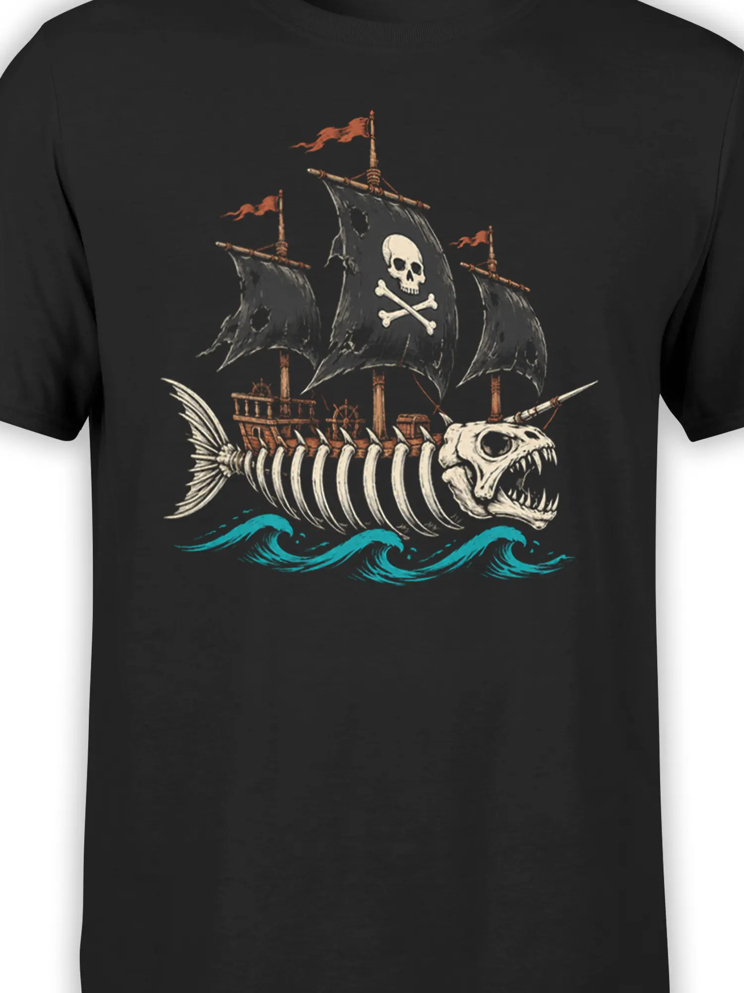 Close-up of pirate ship graphic with skull sails, fish skeleton, and turquoise waves on black